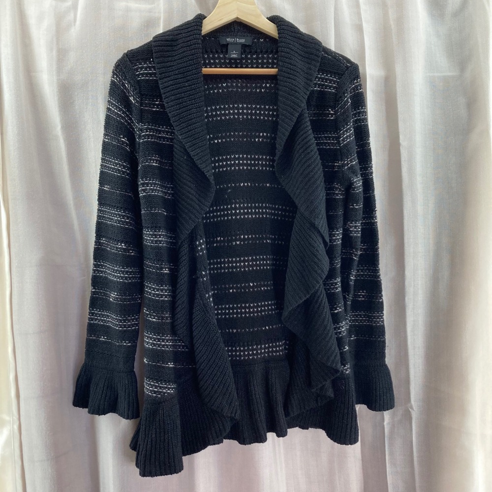White House Black Market Cardigan Sweater Knit Ruffle‎ Trim Long Sleeve Women L